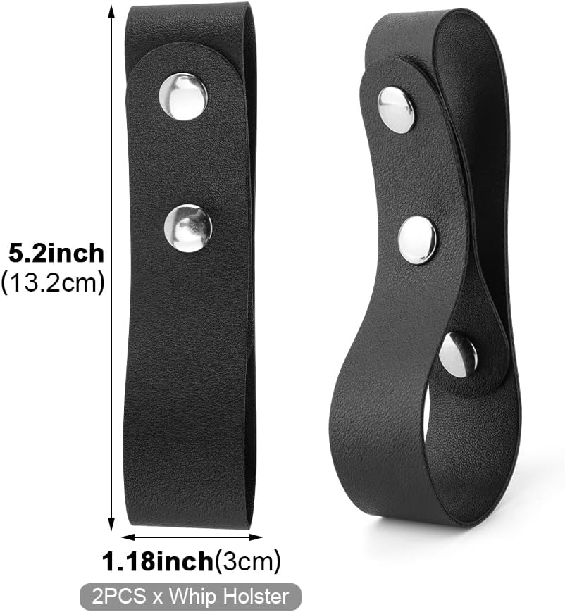 Whip Holster Set (2-Pack) | Durable Snap Loop Belt Holder | Fits Most Whip Handles | PU Leather Belt Strap in Black