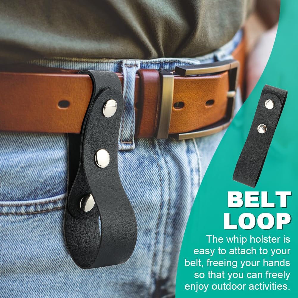 Whip Holster Set (2-Pack) | Durable Snap Loop Belt Holder | Fits Most Whip Handles | PU Leather Belt Strap in Black