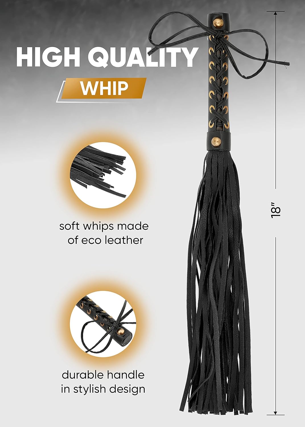 18-Inch Faux Leather Flogger Whip – Soft Eco Leather Tails with Stylish Laced Handle for Stage, Costume & Display Use