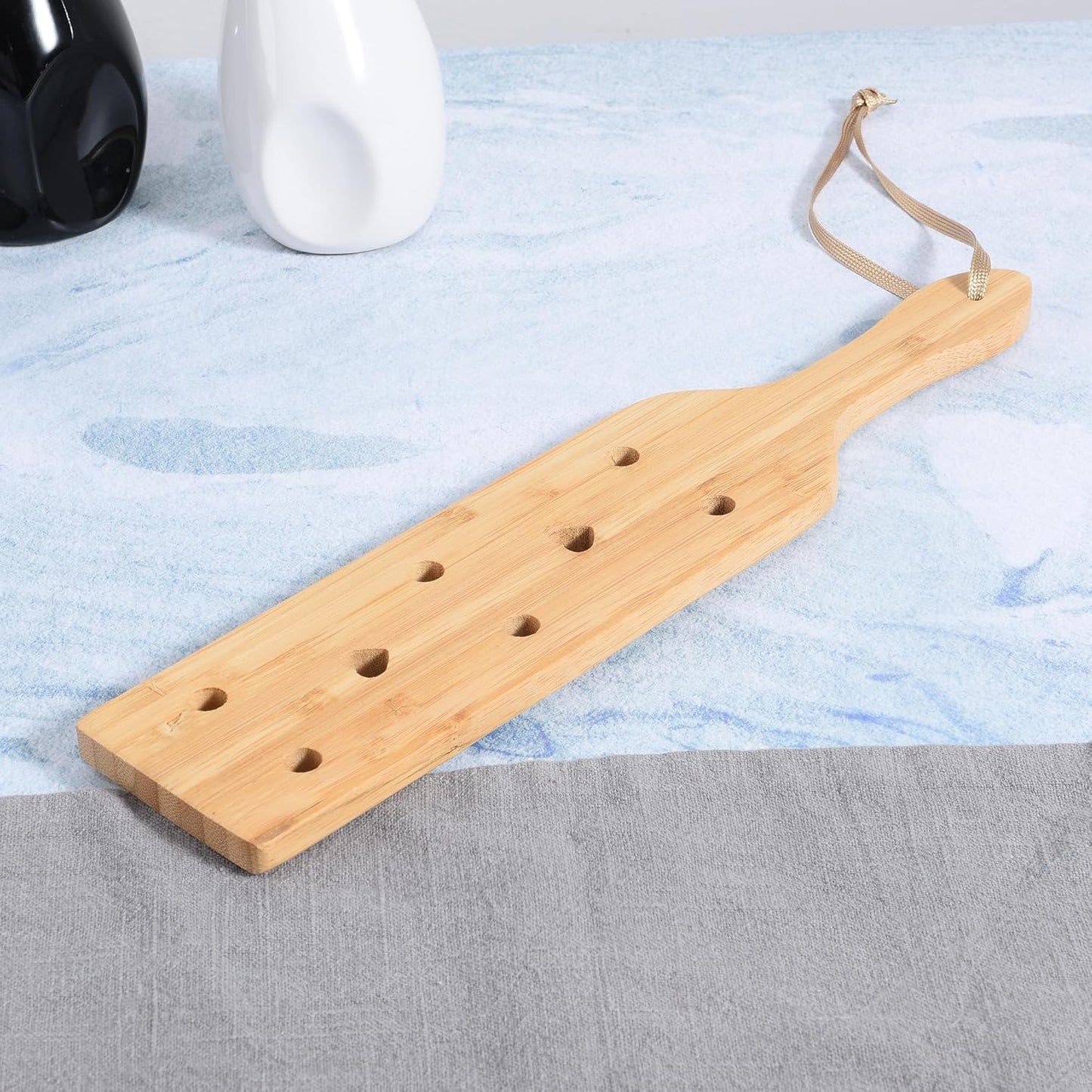 Natural Bamboo Slotted Spanking Paddle | Solid Wood Design with Ventilation Holes | 13.3 inch Long with Wrist Strap | Durable and Lightweight