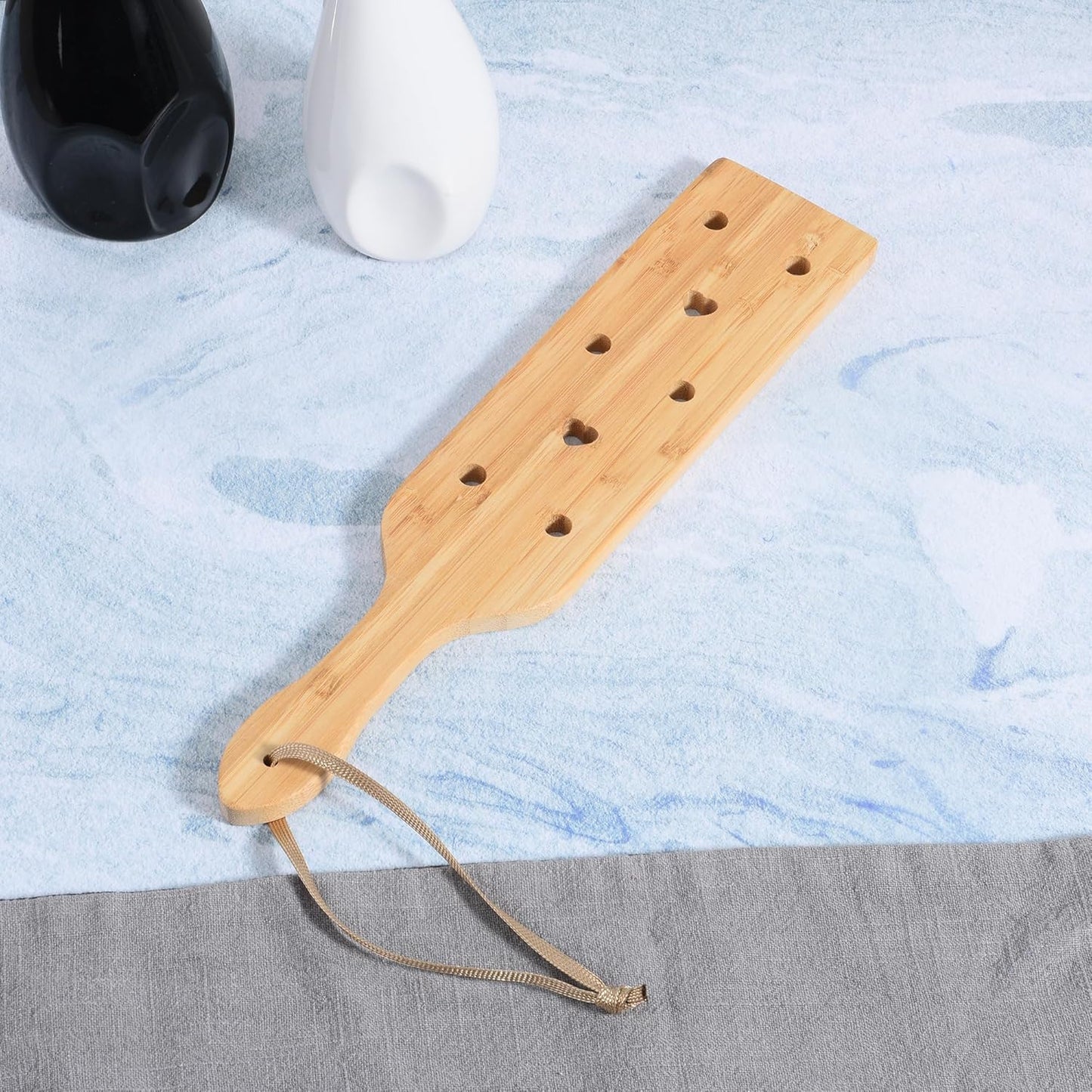 Natural Bamboo Slotted Spanking Paddle | Solid Wood Design with Ventilation Holes | 13.3 inch Long with Wrist Strap | Durable and Lightweight
